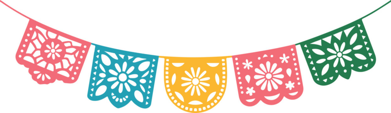 Colorful Papel Picado Hanging Decorations on White white background