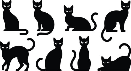 Black cat silhouette icons set sitting standing walking poses feline animal spooky halloween vector illustration © Mosharaf Creative