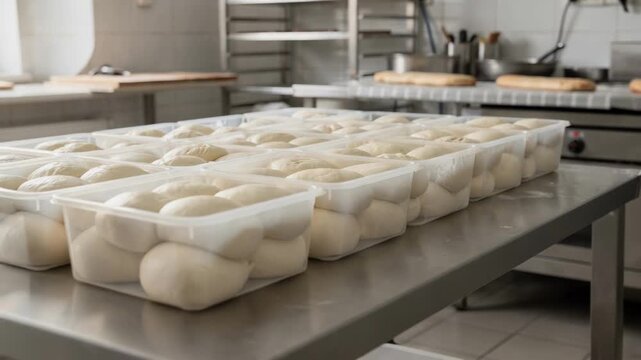 Medium shot of rows of fresh dough proofing in plastic tubs with soft natural light emphasizing hygienic and efficient modern bakery methods.