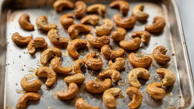 Medium shot of cashews cooling on a metal tray after roasting and salting with focus on their shiny goldenbrown texture and light seasoning.