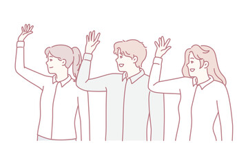 Cheerful man and women in office clothes showing hello gesture. Business people standing in row raise their hand up to express ideas for improving financial performance of company. Flat vector image