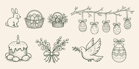 Fototapeta na wymiar Hand drawn Easter elements set with bunny, eggs, baskets, cake, dove and spring branches, perfect for Easter invitations, greeting cards, prints and holiday designs