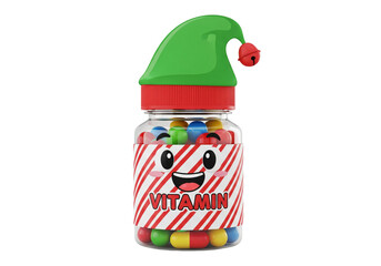 Obraz premium Festive Vitamin Bottle with Elf Hat and Smiling Kawaii Face