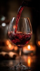 Naklejka premium Pouring Red Wine into Glass with Ambient Candlelight, Festive Celebration and Romantic Atmosphere