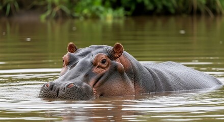 Fototapeta premium Large hippopotamus swimming in a muddy river with natural green background