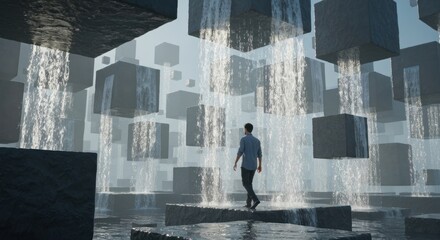 A man walks amongst floating cubes, water cascading from each, cloudy sky