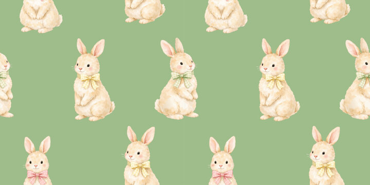Watercolor Easter bunnies seamless pattern with cute rabbits and pastel bows on green background, perfect for spring textiles, nursery designs and holiday wrapping