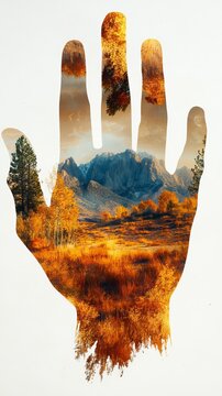 A double-exposure silhouette of a human hand revealing a vibrant autumn landscape with orange trees and blue mountains against a white background.