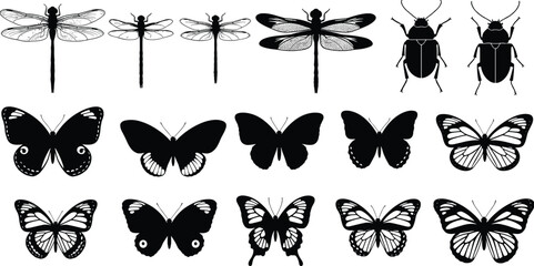 Insect silhouette collection vector illustration, butterflies dragonflies and beetles isolated on white background, detailed winged insects set for nature, tattoo, decorative design use