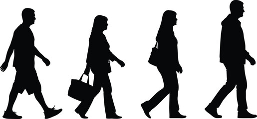 Obraz premium Walking people silhouette vector illustration set, men and women in side view isolated on white background, urban lifestyle, commuting, movement concept design