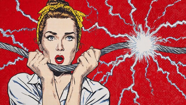 Lichtenstein Style Woman Connecting Electrical Cables | Power & Unity Concept | Vibrant Red Pop Art Background