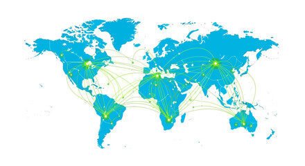 Obraz premium Worldwide Digital Network Map: Global Logistics, Internet Communication Hubs, and International Connection Lines Illustrating Data Exchange and Trade Routes.