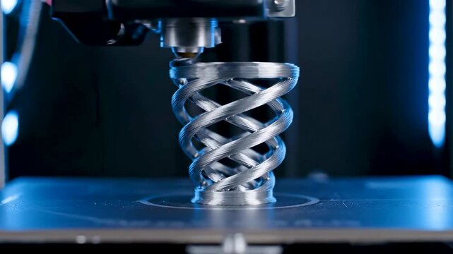 Timelapse Of 3D Printer Nozzle Building Spiral Plastic Vase Layer By Layer As Rapid Motion Creates Finished Geometric Object