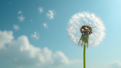 Obraz premium Fluffy dandelion seeds in ultra realistic view. Beautiful dandelion seeds against blue sky. Nature photography of dandelions. Close-up of dandelion seeds drifting.