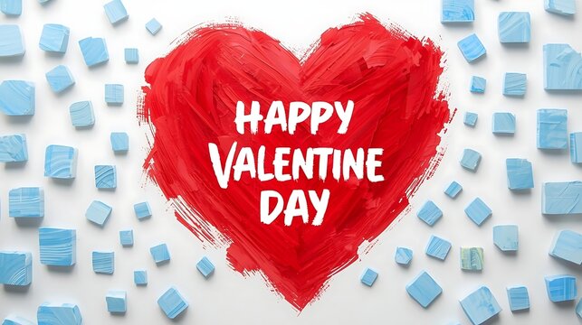 Colorful hand-painted heart with happy valentine day text on a blue squared background