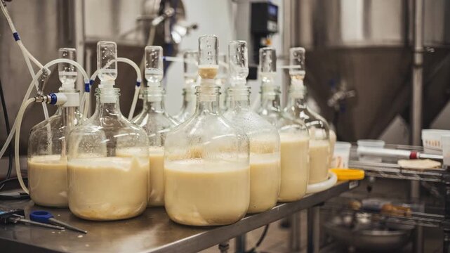 Medium shot of a yeast propagation setup highlighting small carboys filled with growing yeast culture in a controlled environment showcasing artisanal preparation for brewing