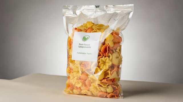 Medium shot of dry pasta in clear plantbased film showcasing sustainable compostable packaging with vibrant contents visible through ecofriendly material.