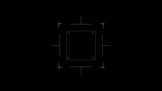 Loop in of formation of square radar display with target in sight in center on a dark background Target searching scope and scanning element theme. Motion graphics of target lock concept