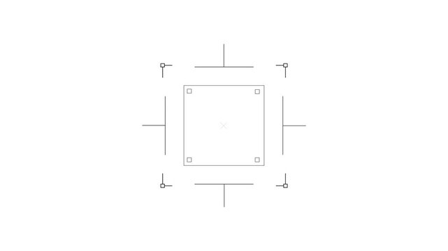 Loop in of formation of square radar display with target in sight in center on a dark background Target searching scope and scanning element theme. Motion graphics of target lock concept