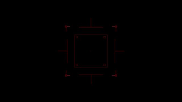 Loop in of formation of square radar display with target in sight in center on a dark background Target searching scope and scanning element theme. Motion graphics of target lock concept