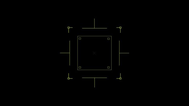 Loop in of formation of square radar display with target in sight in center on a dark background Target searching scope and scanning element theme. Motion graphics of target lock concept