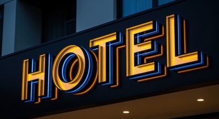 Illuminated Hotel Sign at Night, Welcoming Travelers and Guests, Showcasing Hospitality and Accommodation Services