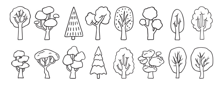 different trees doodle hand drawn icon set. Outline drawing tree line clipart symbol collection
