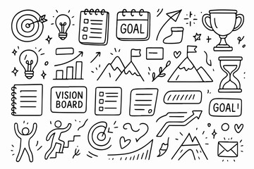 hand drawn doodle vector set of goal setting, progress tracking, and productivity elements illustrated in a fun and motivational style isolated on white background
