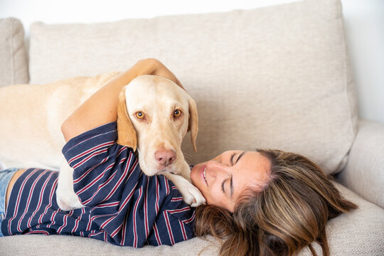 A woman is laying on a couch with a dog on her lap. The dog is brown and has a black nose. The woman is smiling and she is enjoying the moment