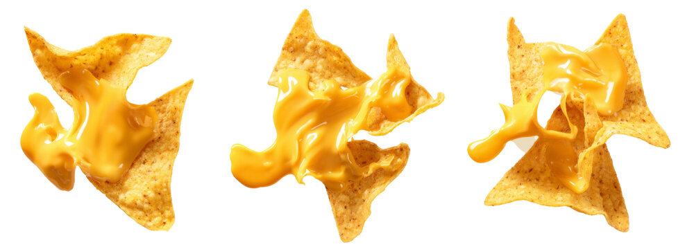 Cheesy nachos with melted cheese on transparent background food photography