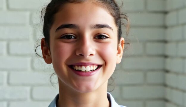 Junges M&auml;dchen l&auml;chelt herzlich vor einer wei&szlig;en Ziegelwand