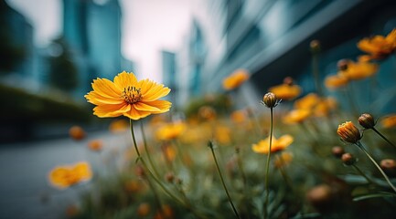 Fototapeta premium Vibrant Yellow Cosmos Flowers Blooming in Urban Setting, Creating a Striking Contrast Against Cityscape