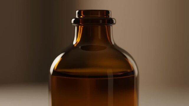 Close-up Shot of Amber Glass Bottle Neck with Liquid against Brown Studio Background for Product Mockup