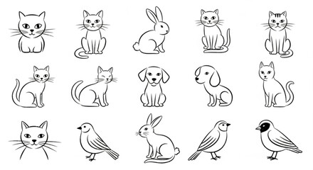 Obraz premium Collection of adorable cats, dogs, rabbits, and birds illustrations
