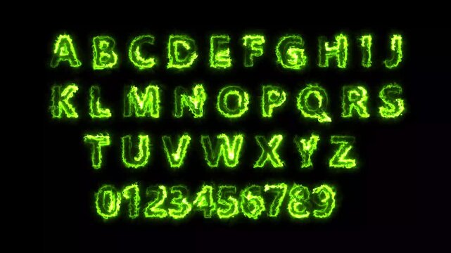 Glowing Green Fire Text Alphabet Numbers Neon Light Display Digital Typography Animation desi