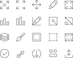 Fototapeta premium Professional Collection of Graphic Design and User Interface Line Icons Featuring Workspace Tools Scaling Arrows Layers Brush Pencil Statistics Charts and Essential Web Navigation Symbols