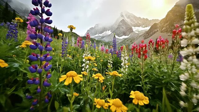 A field of colorful wildflowers and greenery with mountains in the misty background