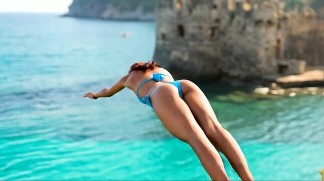 Red-haired girl in blue swimsuit salutes before diving from a high cliff.