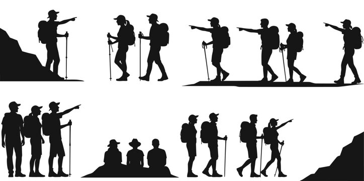 Set of black silhouettes of hikers and trekkers walking and pointing toward mountains isolated on white background for adventure travel design