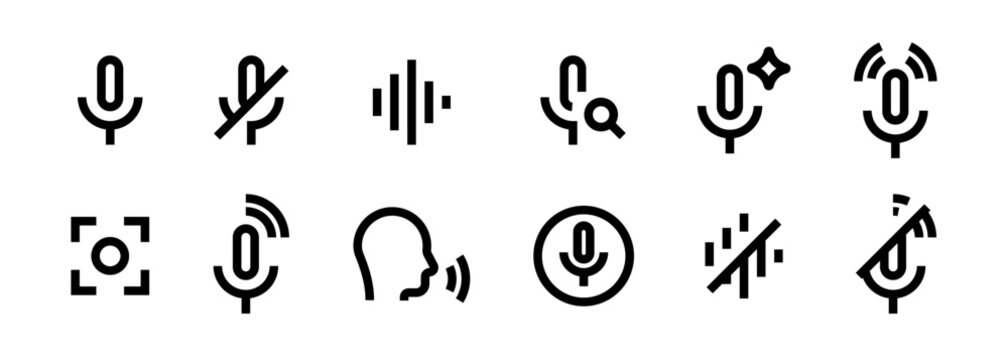 Microphone and voice control icon set with record, mic, off, mute, search, sound waves, audio levels, speech, voice recognition symbols for UI apps. thin line app web icon set. editable stroke