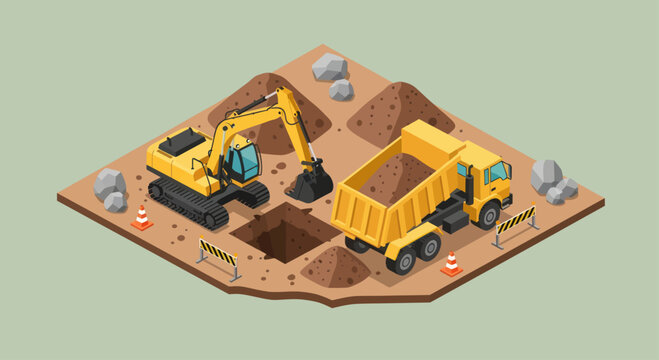 Construction site with excavator and dump truck working together.