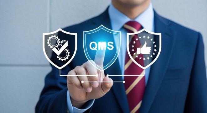 Quality Management System Implementation Displayed by Business Professional, Showing Shields of Approval for Business Management