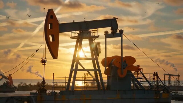 Silhouette of an oil pump jack against a vibrant sunset sky with orange and yellow hues, showcasing industrial machinery in a coastal setting