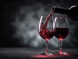 Obraz premium Pouring Red Wine into Elegant Glasses, Romantic Dinner Setting with Atmospheric Lighting and Textured Background