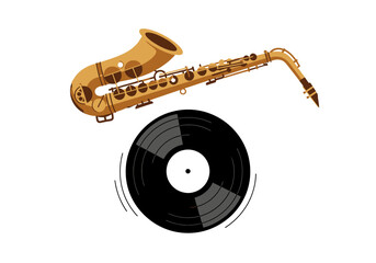 Naklejka premium Golden Saxophone and Vinyl Record Music Concept.