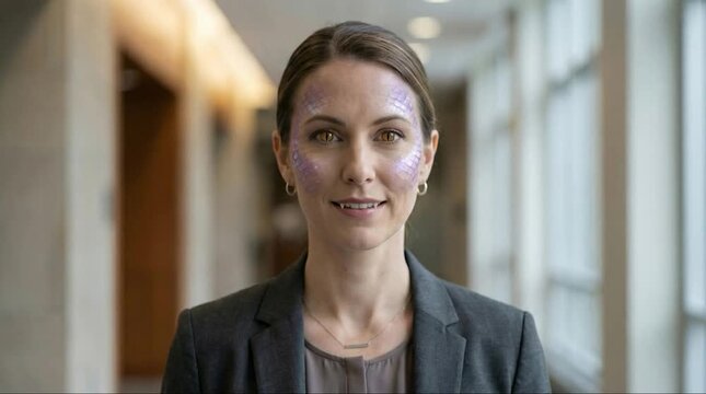 Reptilian woman blinking and changing eyes from human to lizard pupils in office setting