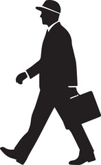 Businessman walking with briefcase in suit and cap professional person vector silhouette line art