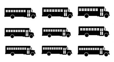Collection of black school bus silhouettes on white background. © Sude