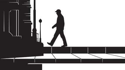 Man walking on steps city street silhouette vector illustration