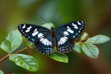 Fototapeta premium Macro view of an elegant black, white, and blue patterned butterfly on green leaves